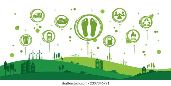 Carbon footprint concept with icon and infographic, measure huge foot, the impact of carbon pollution, Co2 emission in environment, carbon dioxide effect on planet ecosystem. Vector illustration.
