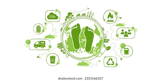 CO2-Fußabdruck-Konzept mit Icon und Infografik, messen Sie riesige Fuß, die Auswirkungen der Kohlendioxidemissionen, CO2-Emissionen in der Umwelt, Kohlendioxidemissionen auf das Ökosystem des Planeten. Vektorgrafik.	