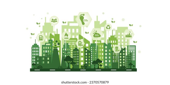 Carbon footprint concept with icon and infographic, measure huge foot, the impact of carbon pollution, Co2 emission in environment, carbon dioxide effect on planet ecosystem. Vector illustration.