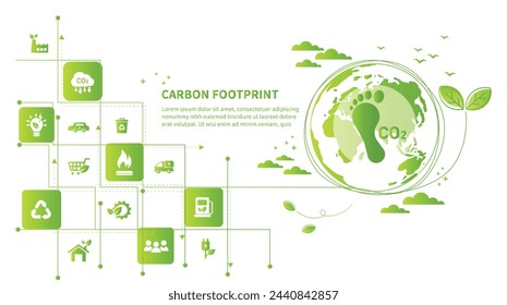 Carbon footprint concept with icon and infographic, measure huge foot, the impact of carbon pollution, Co2 emission in environment, carbon dioxide effect on planet ecosystem. Vector illustration.