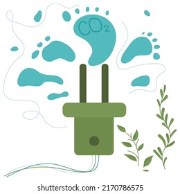 Carbon footprint concept with plug electricity for urbancity, house with start up CO2. Sources polluted the world. Global problem with big emissions co2. Vector illustration green politics