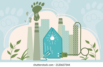 Carbon footprint concept with urban city production electricity for comfort home. Sources polluted the world. Global problem with big emissions co2. Vector illustration in flat design style ar