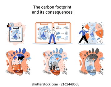 Carbon footprint and consequences metaphor. Causes of climate change on planet. Record high levels of carbon dioxide CO2 in atmosphere. Environmental, ecological problems air and atmosphere pollution