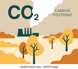 Carbon footprint. Dioxide CO2 emissions - air pollution of industry. Environmental footprint with greenhouse gases and global warming. Factory chimney with smoking pipes. Vector illustration