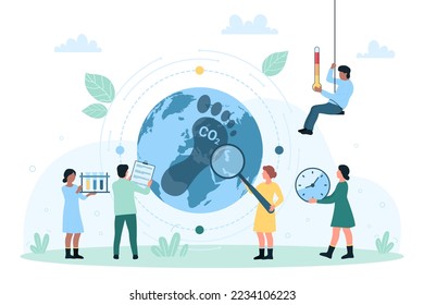 Carbon footprint effect analysis, environmental pollution with CO2 vector illustration. Cartoon tiny people analyze impact of greenhouse gas on environment and global eco balance of planet nature