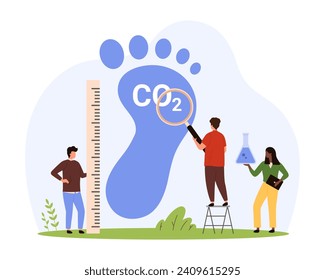 Análisis de los efectos de la huella de carbono, contaminación mundial por CO2 e impacto ambiental. Gente pequeña con lupa y trabajo de regla, medir la producción de energía huella de la caricatura del vector ilustración