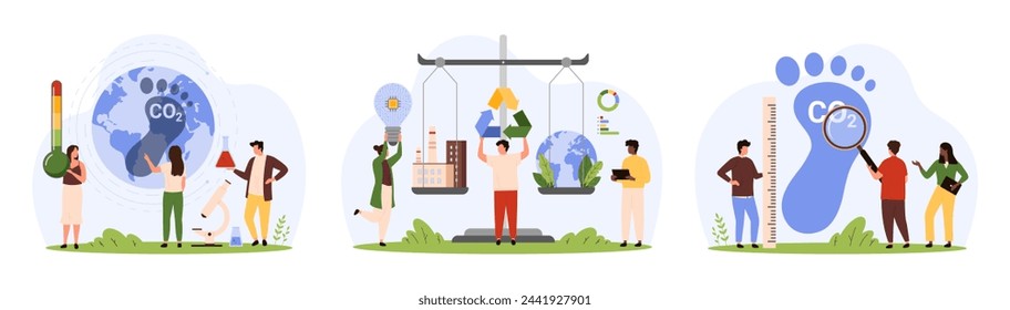 Conjunto de análisis de efecto de huella de carbono. Las personas pequeñas miden el impacto de los gases de efecto invernadero en el medio ambiente, comparan el equilibrio global del reciclaje de residuos y la contaminación ecológica en escalas de ilustración vectorial de dibujos animados