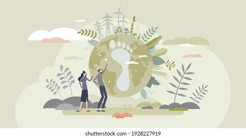 Carbon footprint effect as nature CO2 emission problem tiny person concept. Alternative energy as solution for greenhouse gases and urban air pollution vector illustration. Human impact on ecosystem.