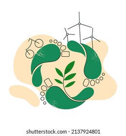 Efecto de la huella de carbono como problema de emisión de gases de la naturaleza y concepto de equilibrio ecológico sostenible. Paso verde del pie y símbolo de reciclaje. Transporte ecológico o ilustración lineal vectorial de energía