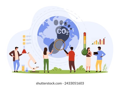 Emisión y ecología de la huella de carbono. Pequeñas personas de investigación con la contaminación de gases de efecto invernadero de dióxido de lupa en el aire, el impacto ambiental y el cambio climático ilustración vectorial de dibujos animados