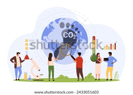 Carbon footprint emission and ecology. Tiny people research with magnifying glass dioxide greenhouse gas pollution in air, environmental impact and climate change cartoon vector illustration