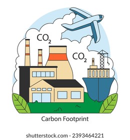 Carbon footprint. Factory, plane and ship emitting CO2. Global carbon emissions concern. Industrial pollution. Climate change and ecological crisis. Flat vector illustration.