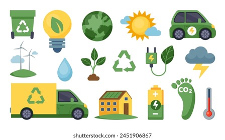 Carbon footprint. Green energy. Environment conservation. Sustainable climate. CO2 exhaust. Electrical car. Eco change. Electricity consumption. Global warming. Garbage recycle. ESG icons vector set