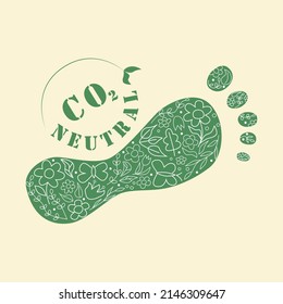 Carbon footprint lable. Eco fiendly flat vector llustration. CO2 neutral green footprint with flowers and leves . Zero or free carbon emissions.