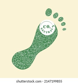 Carbon footprint lable. Eco fiendly flat vector llustration. CO2 neutral green footprint with flowers and leves . Zero or free carbon emissions.