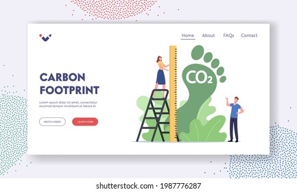 Carbon Footprint Landing Page Template. Tiny Female Character Measure Huge Green Foot, Co2 Emission Environmental Impact. Dangerous Dioxide Effect, Planet Ecosystem. Cartoon People Vector Illustration