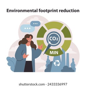 Gráfico de minimización de huella de carbono. Un defensor decidido del cambio ambiental destaca la reducción de CO2. Potenciar la vida sostenible. Ilustración vectorial plana.