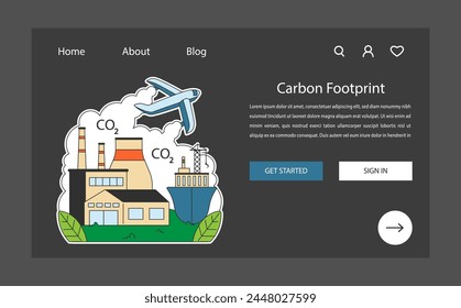 Huella de carbono de noche o Anuncio de Web en modo oscuro o página de aterrizaje. Fábrica, avión y barco que emiten CO2. Emisiones de carbono y contaminación industrial. Crisis del cambio climático. Ilustración vectorial plana.