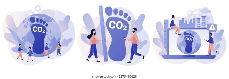 Carbon footprint pollution. Co2 emission environmental impact concept. Dangerous dioxide effect on planet ecosystem. Modern flat cartoon style. Vector illustration on white background
