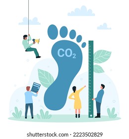 Contaminación de la huella de carbono, efecto ambiental de la ilustración de vectores de gases de efecto invernadero. Las personas diminutas de caricatura miden el gran pie del CO2, calculan el impacto en la ecología del planeta usando calculadora y regla