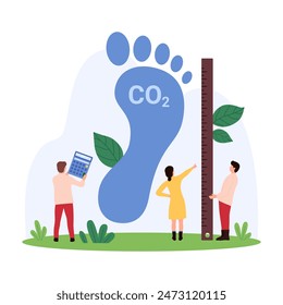 Carbon footprint pollution measurement, environmental effect of greenhouse gas and emissions impact research. Tiny people measure CO2 foot print with ruler and calculator cartoon vector illustration