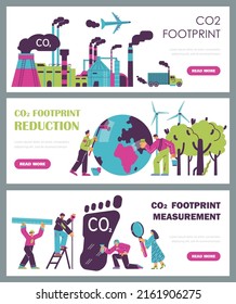 Carbon footprint reduction banners on the theme of saving the environment, flat vector illustration. CO2 emission pollution and dioxide greenhouse gases warning.