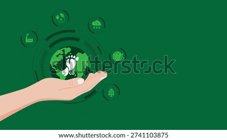 Carbon footprint reduction concept with hand holding earth and CO2 symbol, climate action, emission control and sustainable energy transition.