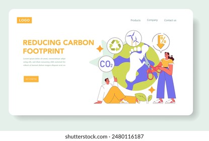 Carbon Footprint Reduction concept. Individuals taking actions to mitigate climate change by promoting renewable energy and sustainability. Vector illustration.