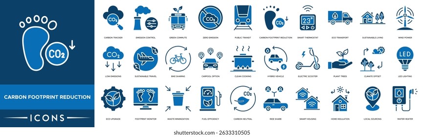 Carbon Footprint Reduction icon set. Carbon Tracker, Emission Control, Green Commute, Zero Emission, Public Transit, Carbon Footprint Reduction and Smart Thermostat