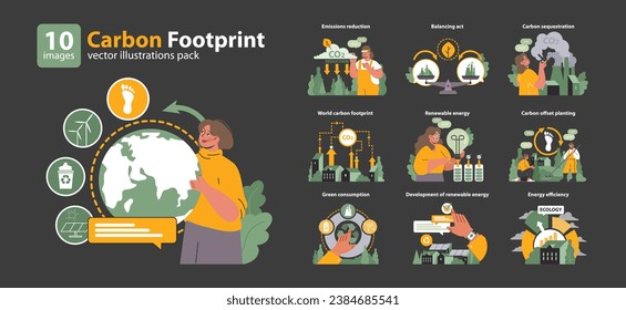 Juego de huellas de carbono. Análisis del impacto global del CO2. Reducción de emisiones, cartografía mundial del carbono, consumo verde. Progresión de la energía renovable, plantación compensatoria y conservación de la energía. Vector plano