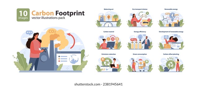 Carbon Footprint set. Visualizing personal impact on environment. Balancing natural resources, making eco-friendly transport choices, promoting energy efficiency. Flat vector illustration