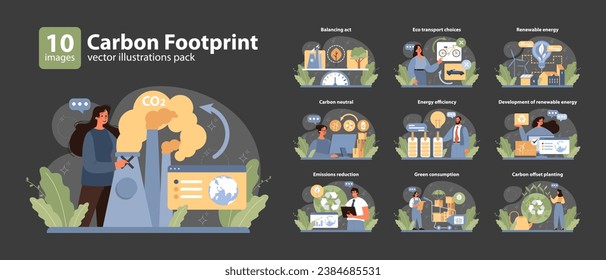 Carbon Footprint set. Visualizing personal impact on environment. Balancing natural resources, making eco-friendly transport choices, promoting energy efficiency. Flat vector illustration