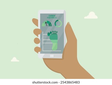 Rastreador de huella de carbono en dispositivo móvil. App de seguimiento de emisiones de carbono. Datos de Eco Impact. Vida sostenible. Gráficos de huella de carbono. Ilustración vectorial