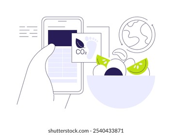 Ilustração de vetor de conceito abstrato de aplicativo de rastreamento de pegada de carbono. Pessoa com smartphone rastreando pegada de carbono, produtos de baixo impacto, problema ambiental, metáfora abstrata de mudança climática.