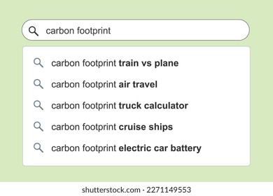 La huella de carbono en los temas de transporte busca resultados. Sugerencias de autocompletado del motor de búsqueda en línea del concepto de entorno de huella de carbono.