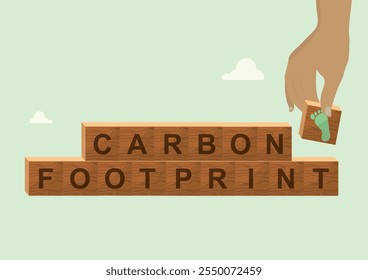 Carbon Footprint Wooden Blocks Environmental Impact Concept. "Carbon Footprint" spelled with wooden blocks, featuring a green footprint symbol, representing environmental awareness and sustainability.