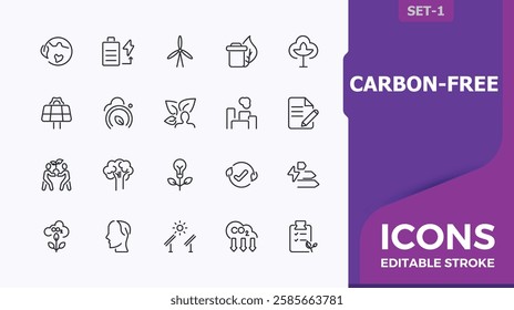 Carbon Free vector icon set. Icons net, nature, climate change, reduction, change, goal, power and more. Outline icon collection. Editable vector stroke.