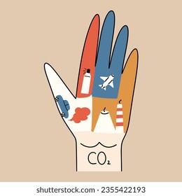 Carbon-Handdruck. CO2-Konzept. Vektorgrafik im handgezeichneten Stil.