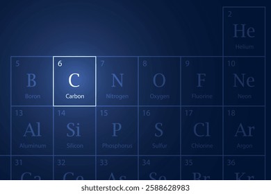 Carbon highlighted element in periodic table with glowing effect