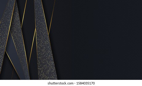 Carbon luxury abstract background with black overlap layers. Texture carbon with luxury golden glitters dots