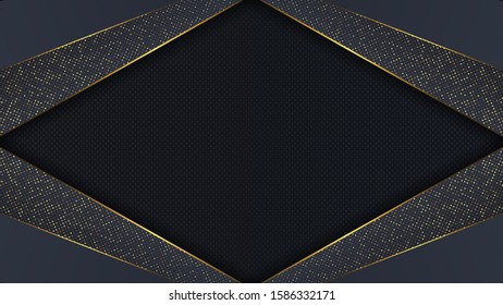 Carbon luxury abstract background with black overlap layers. Texture carbon with luxury golden glitters dots
