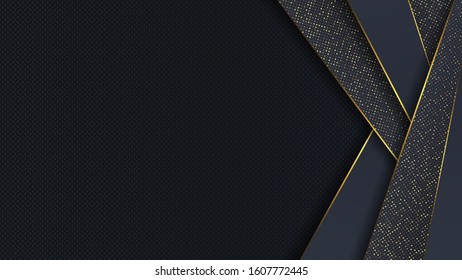 Carbon luxury abstract background with black overlap layers. Texture carbon with luxury golden glitters dots