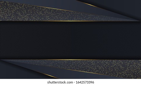 Carbon luxury abstract background with black overlap layers. Texture carbon with luxury golden glitters dots