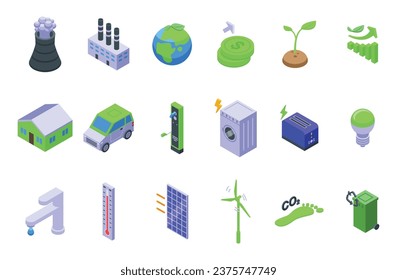 Los iconos de gestión de carbono establecen un vector isométrico. Reducción de negocio. Datos de personas de gráfico