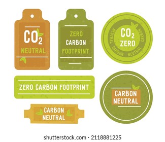 Carbon marking on label of food, clothing and other goods.  Set of price tags, sticker with information about environmental safety. Zero carbon footprint. Vector illustration