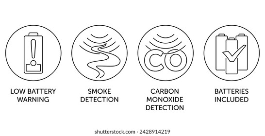 Iconos del detector del monóxido de carbono establecidos con propiedades en línea delgada. Para el etiquetado. Advertencia de batería baja, detección de humo y carbono, baterías incluidas. 