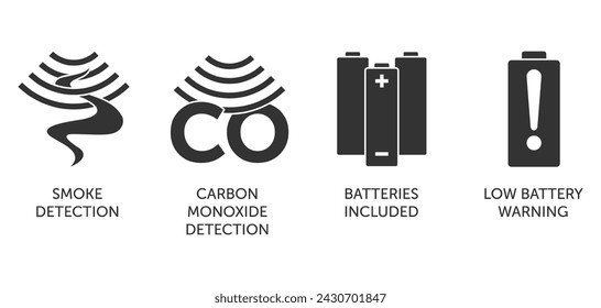 Carbon Monixide detector icons set with properties in monochrome style. For labeling. Low battery warning, Smoke and Carbon detection, Batteries included. 