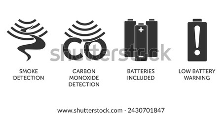 Carbon Monixide detector icons set with properties in monochrome style. For labeling. Low battery warning, Smoke and Carbon detection, Batteries included. 
