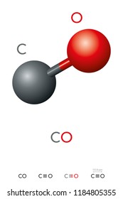 Carbon monoxide, CO, molecule model and chemical formula. Toxic gas and less dense than air. Ball-and-stick model, geometric structure and structural formula. Illustration on white background. Vector.
