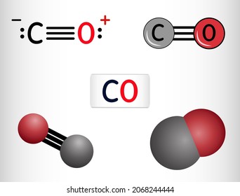 Carbon monoxide, CO molecule. Сarbon and oxygen atoms are connected by a triple bond. Structural chemical formula and molecule model. Vector illustration